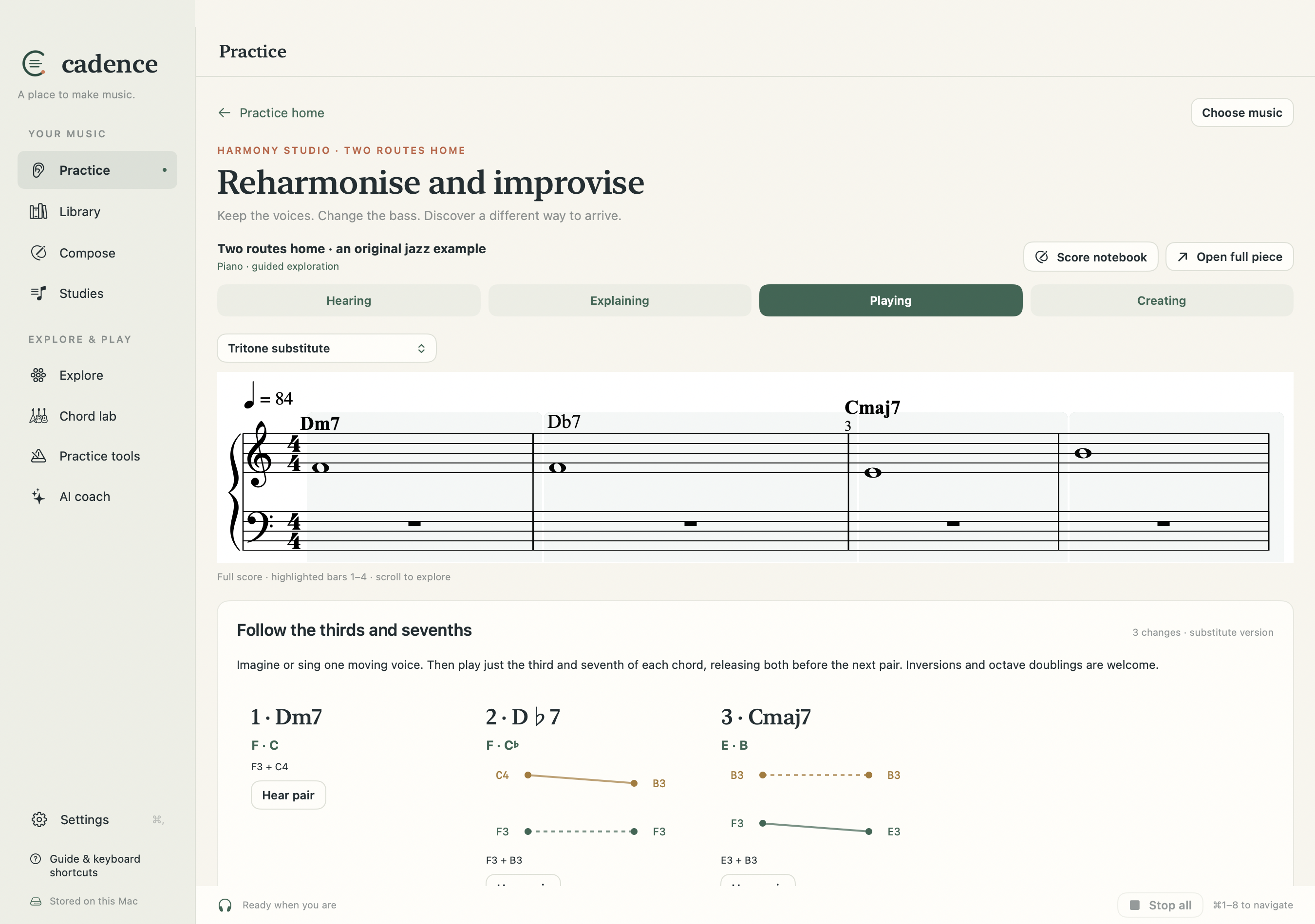 Cadence showing the complete four-bar jazz example, substituted chord symbols and piano guide-tone exercises